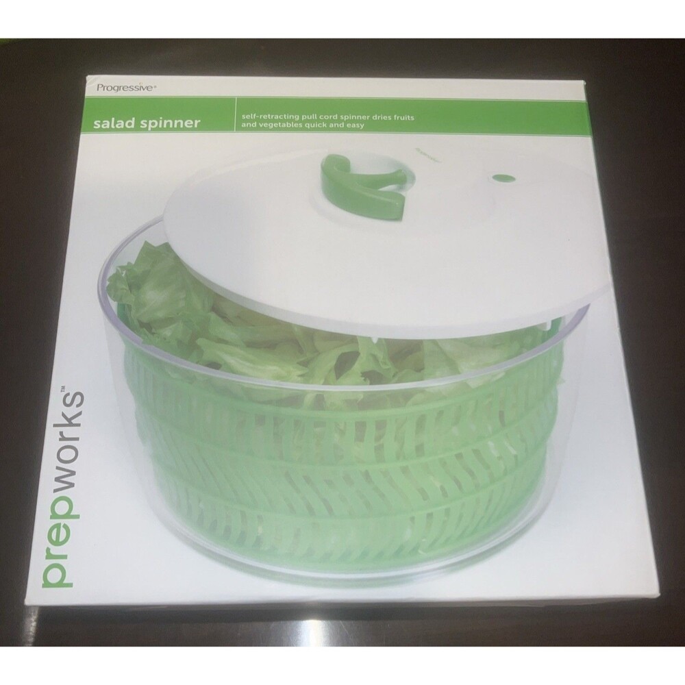 Progressive 4 Qt Salad Spinner Easy Pull Cord With Brake Mechanism Green White